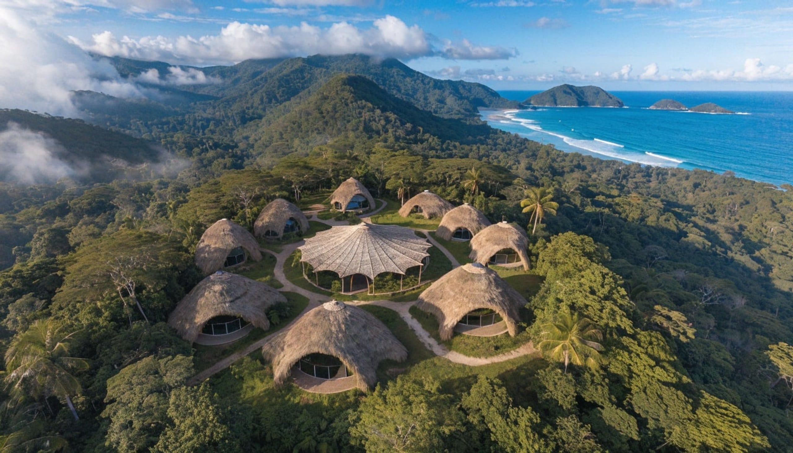 Daylight aerial of the bamboo cabins in canopy with the Pacific in the distance.