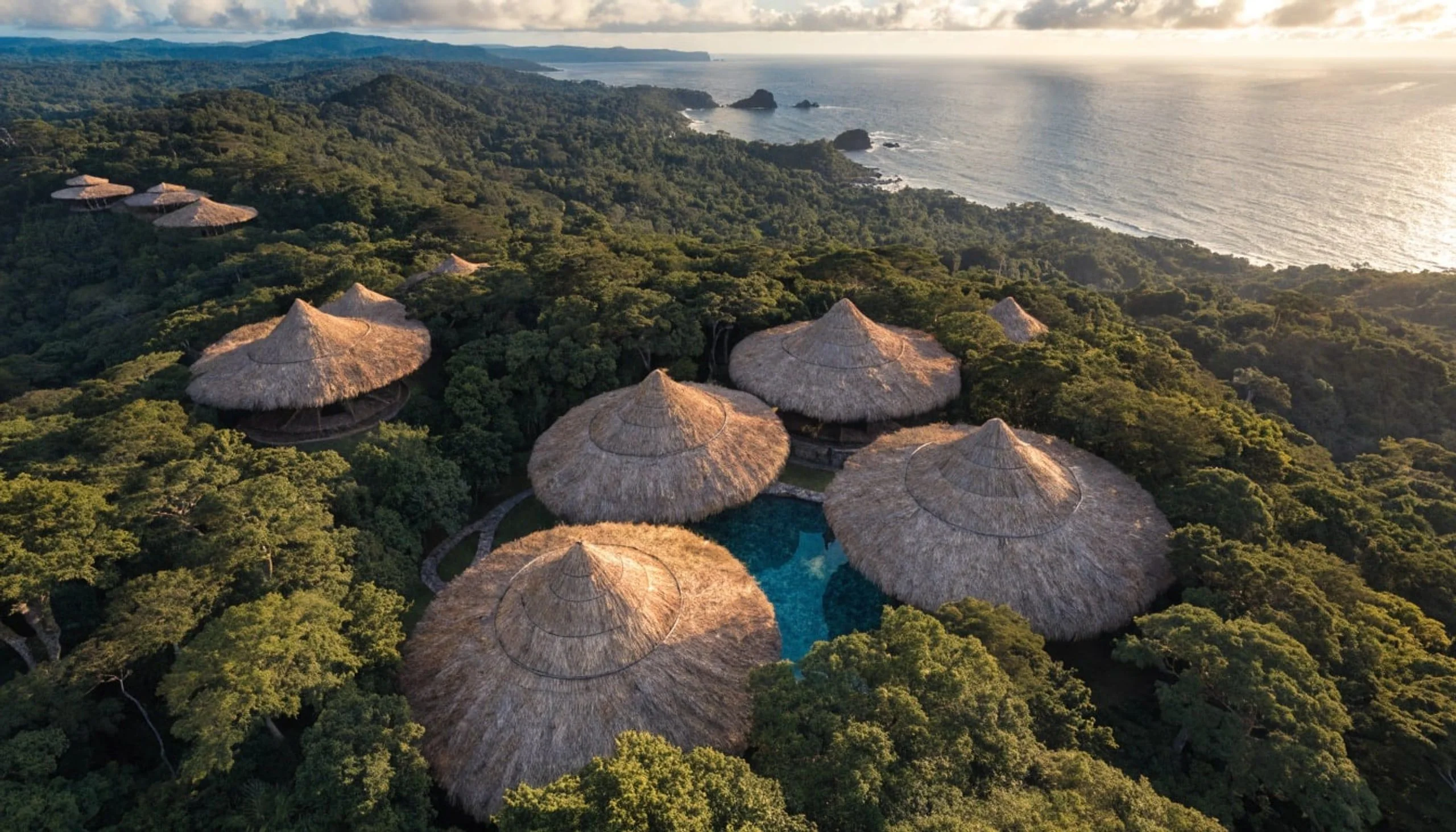 Mid-altitude aerial showing a tight cluster of round bamboo cabins around a small pool.