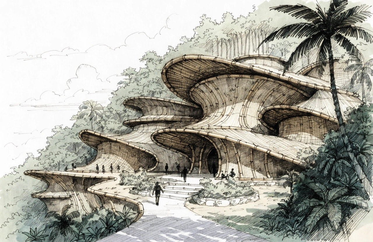 A pen-and-ink perspective sketch of a curved, organic bamboo pavilion in tropical landscape with figures for scale.