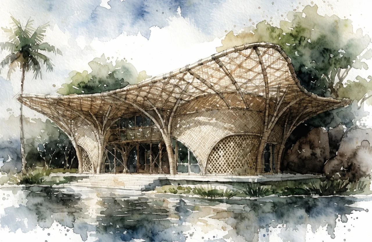 A loose watercolor rendering of a large bamboo pavilion with woven roof reflecting in a lily pond, palms framing the composition.