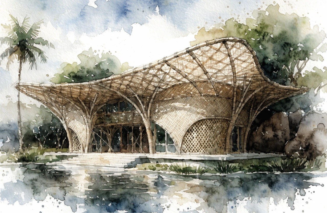 A loose watercolor rendering of a large bamboo pavilion with woven roof reflecting in a lily pond, palms framing the composition.