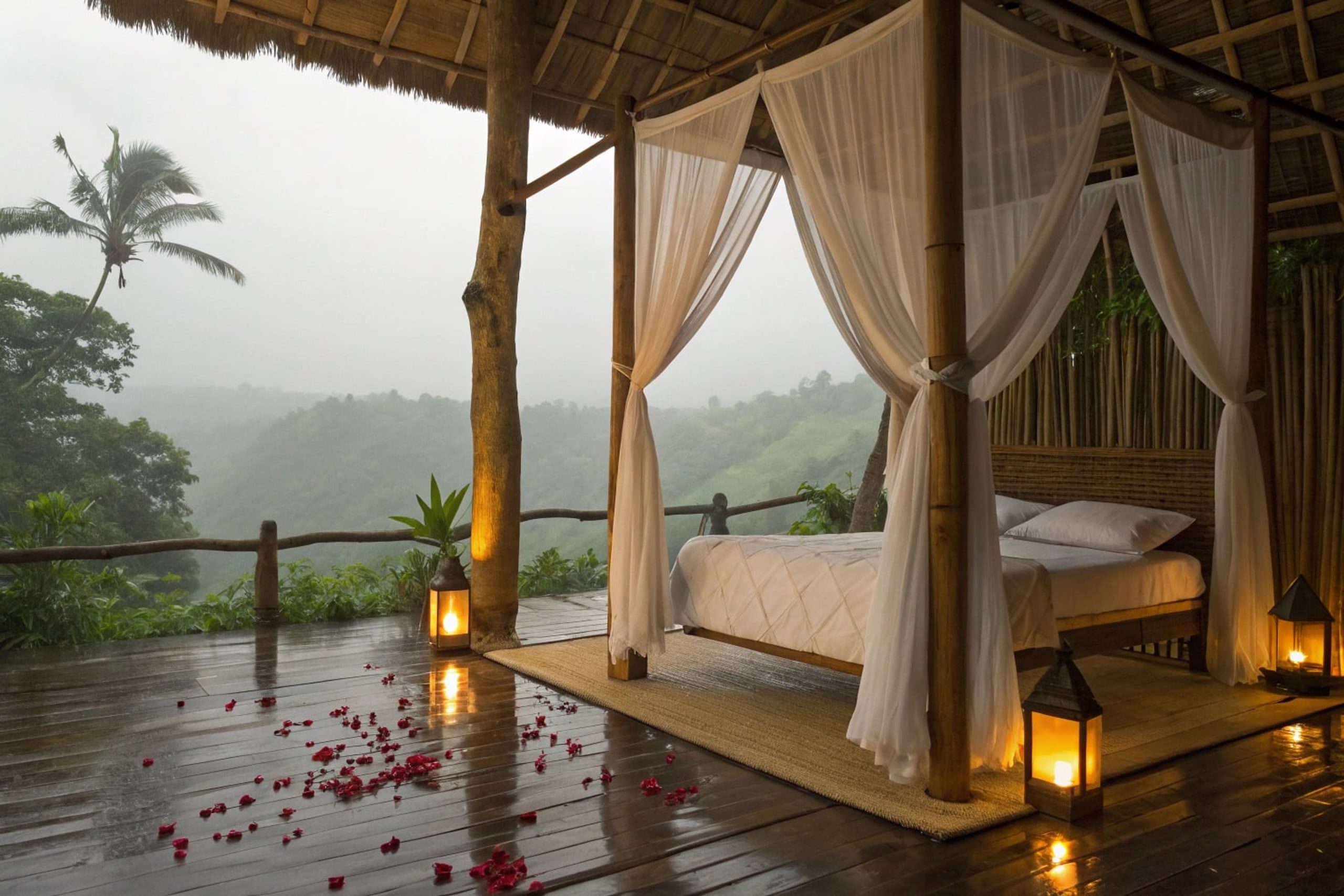 A canopy bed with mosquito netting in a bamboo cabin, jungle beyond.