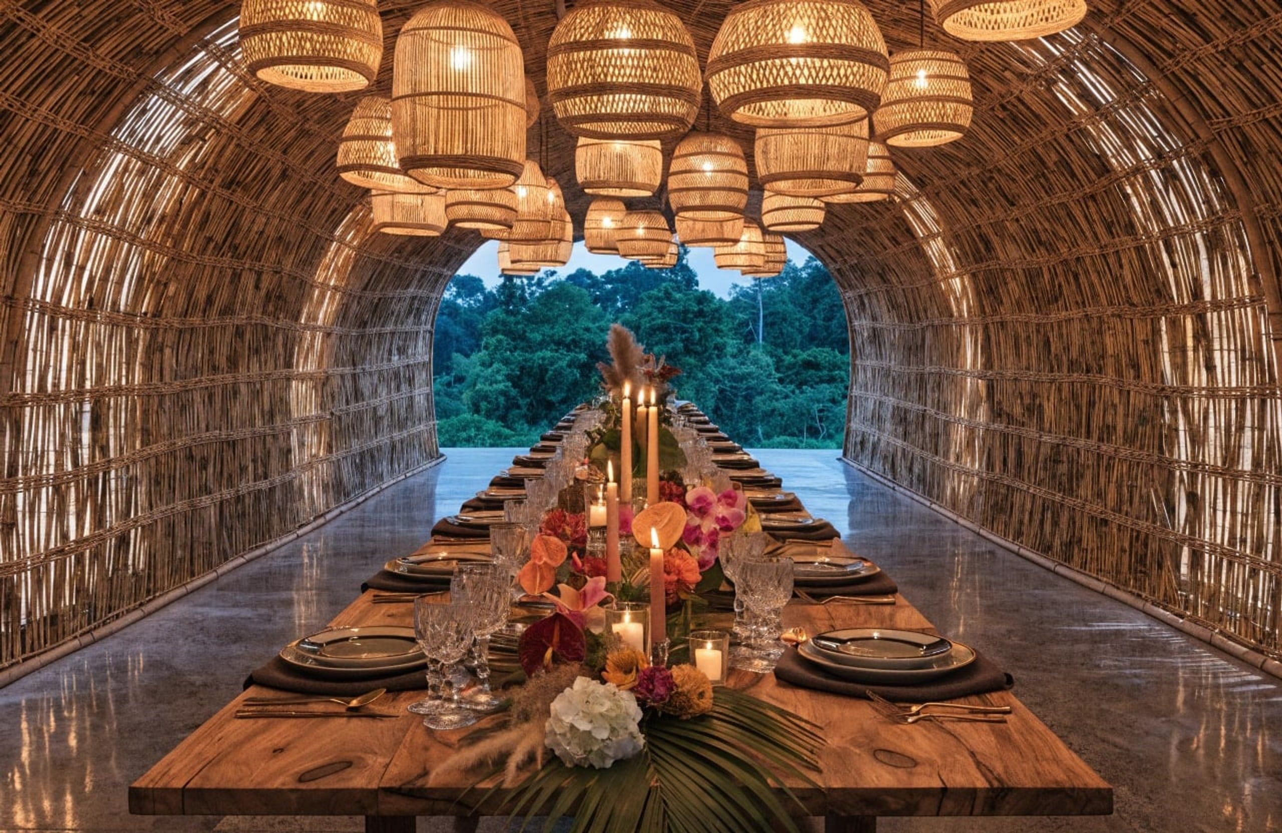 Long communal dining table inside a woven bamboo cocoon with rattan lanterns.