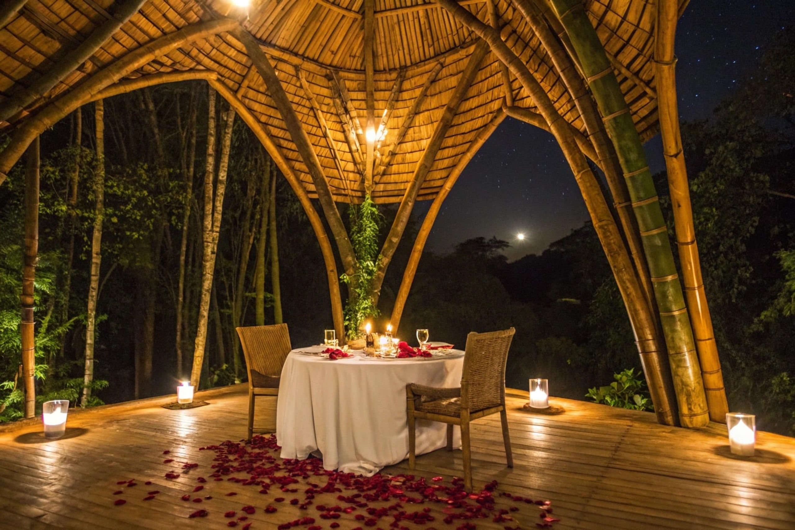 Table for two on a wooden deck under a bamboo pavilion at night, candles and the moon.
