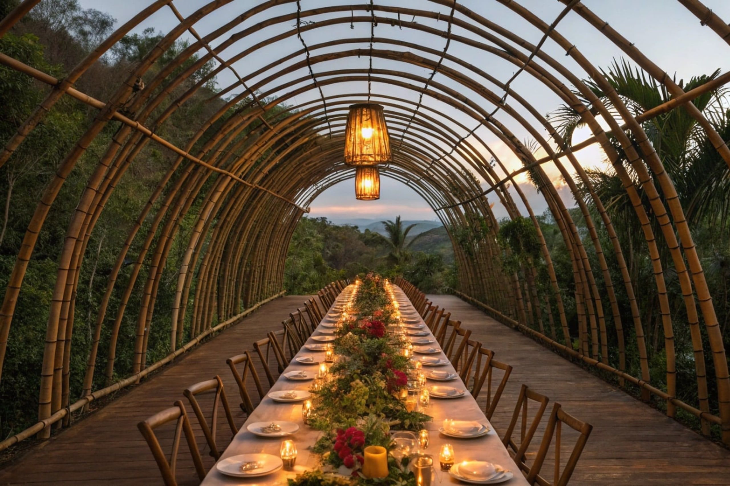 Open-sided bamboo dining hall with a long candlelit table and jungle beyond.