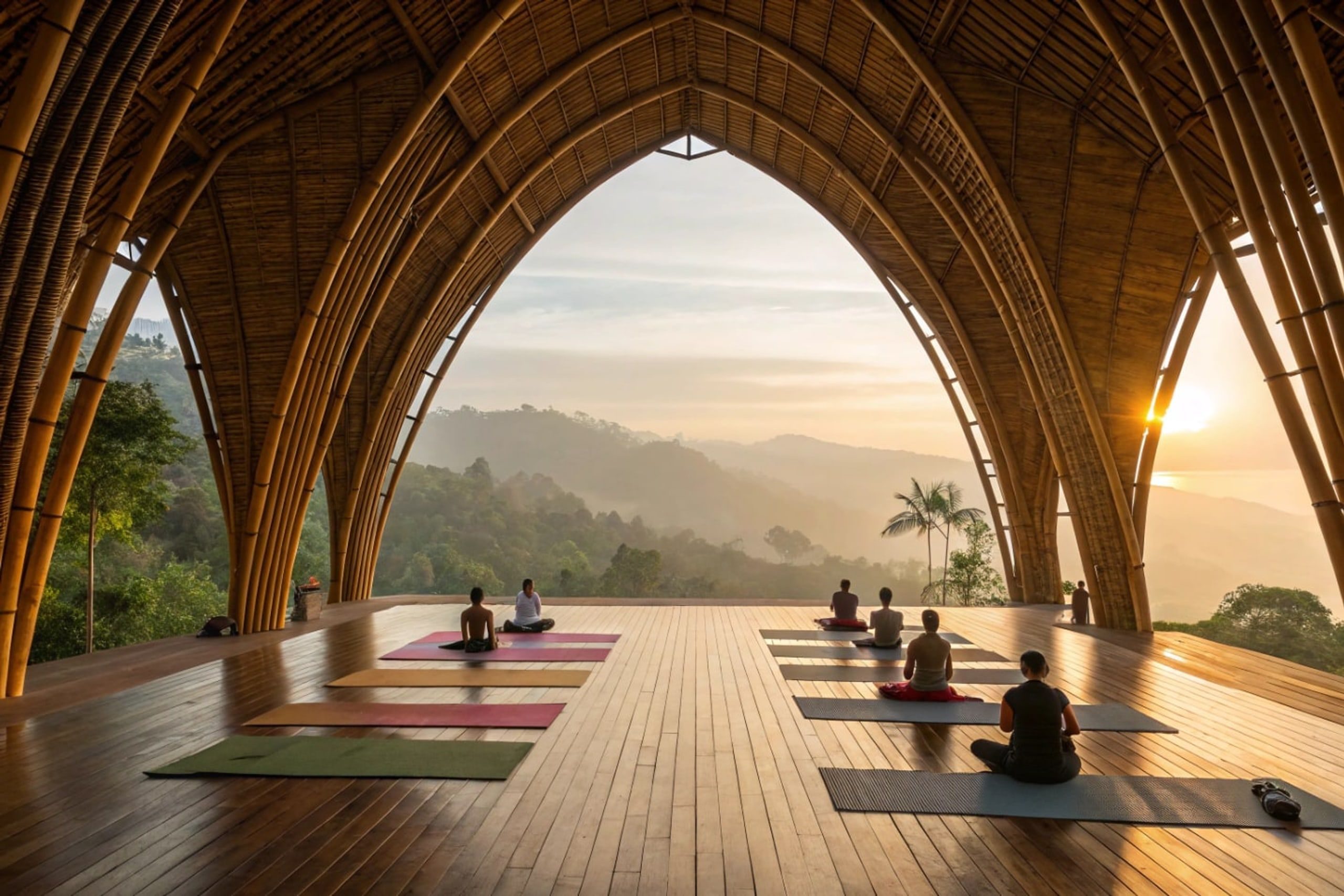 A morning yoga session under sweeping bamboo arches at sunrise.