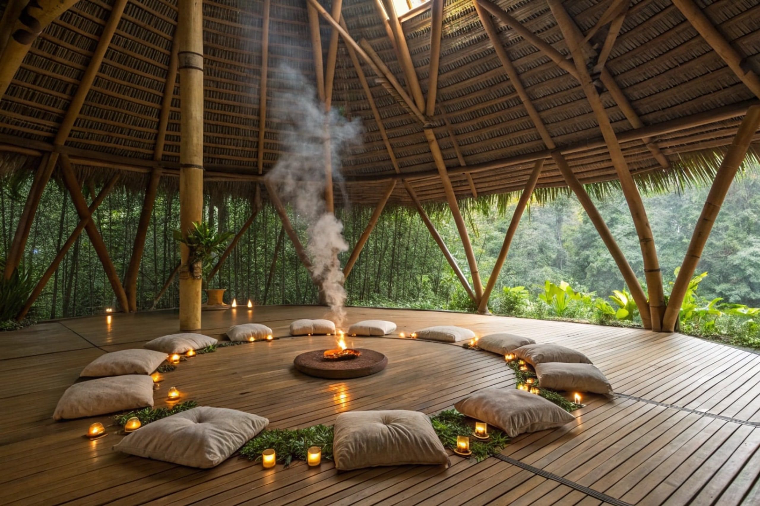 Cushions arranged around a small central fire under a thatched bamboo dome at twilight.
