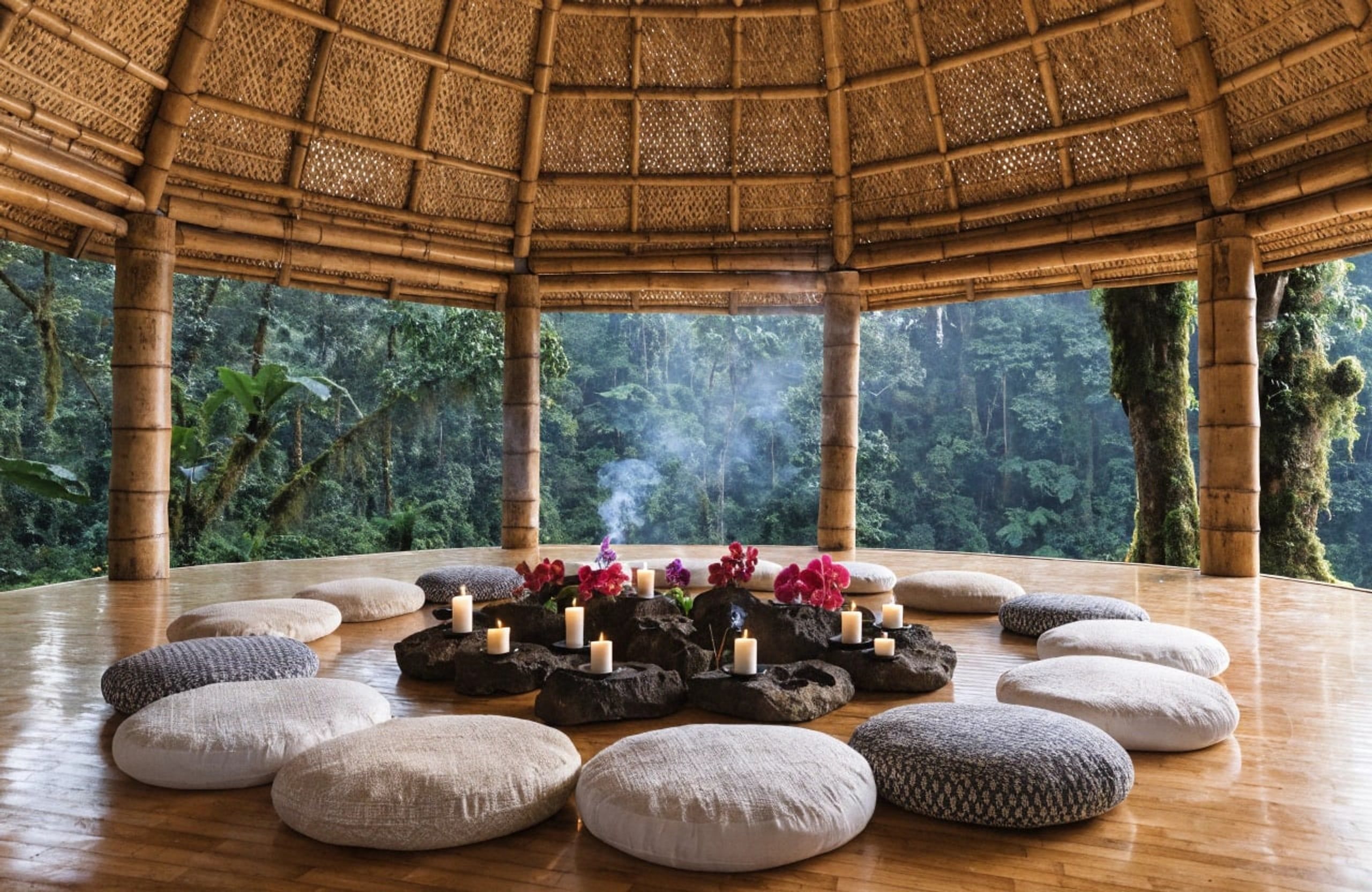 A meditation circle around stones and orchids inside an open bamboo pavilion.