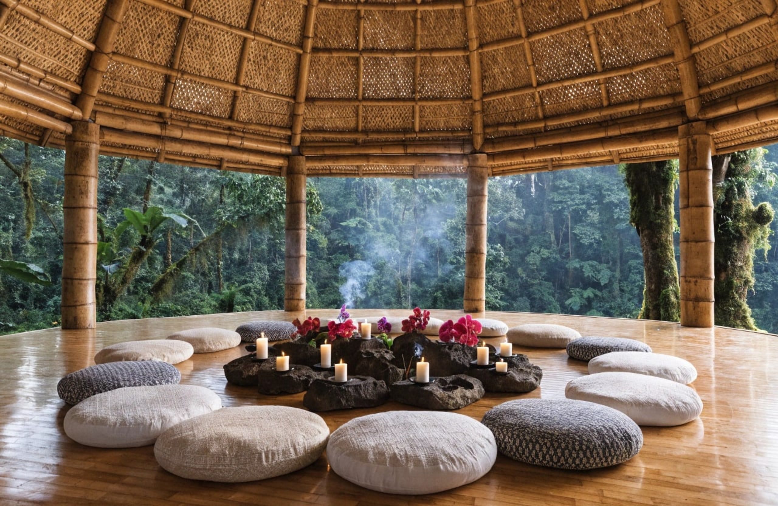 A circle of cushions arranged around orchids, candles, and stones inside an open bamboo pavilion.