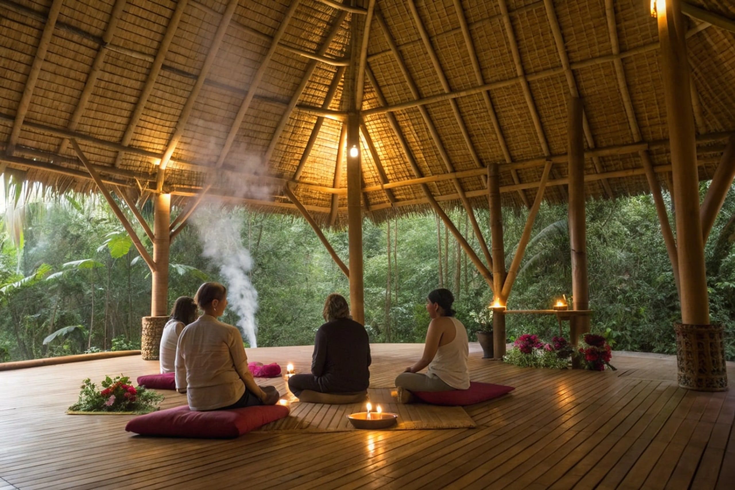 Small group seated on cushions in an open bamboo pavilion at evening.