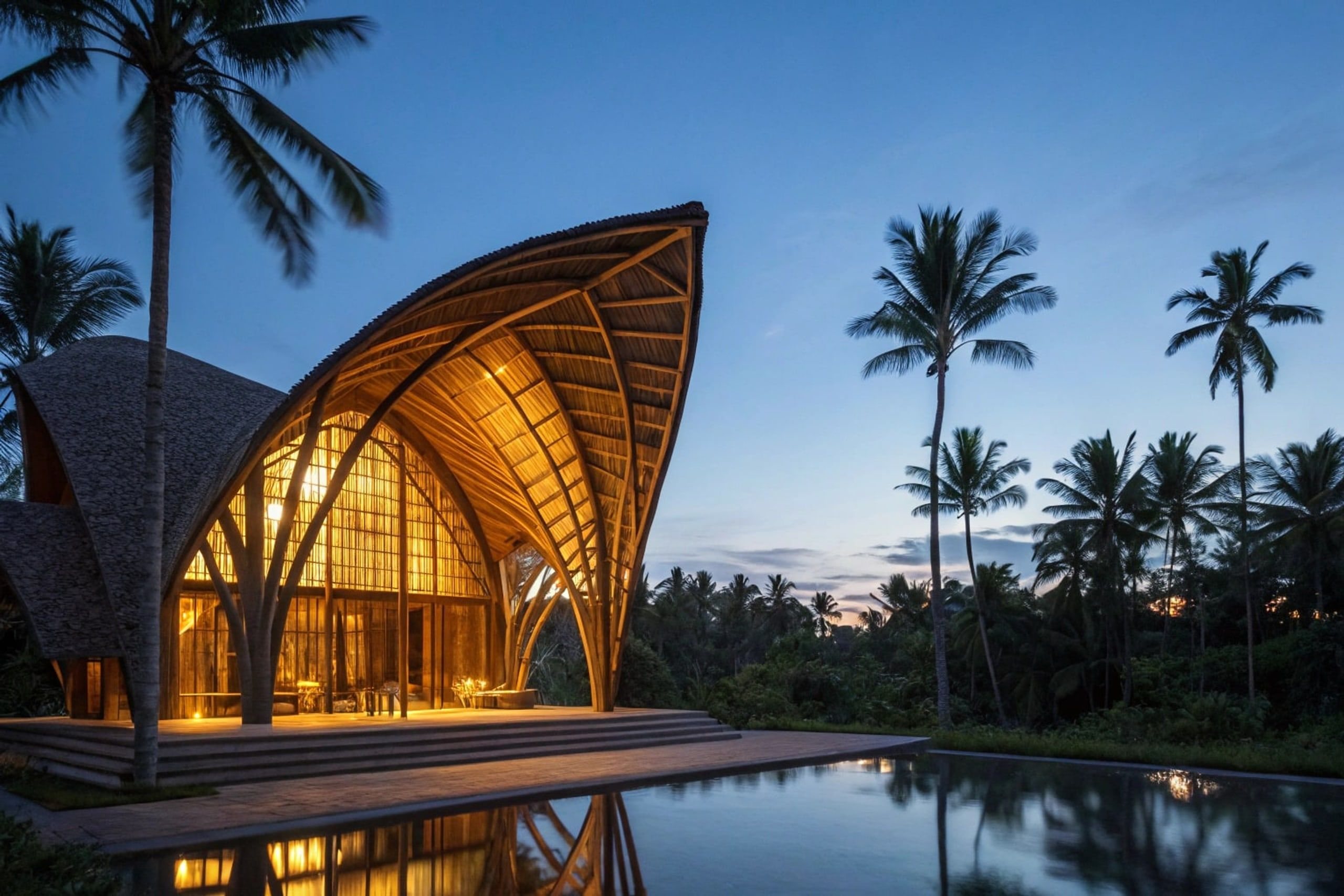Bamboo pavilion at dusk reflected in a still pool, palms silhouetted against the sky.