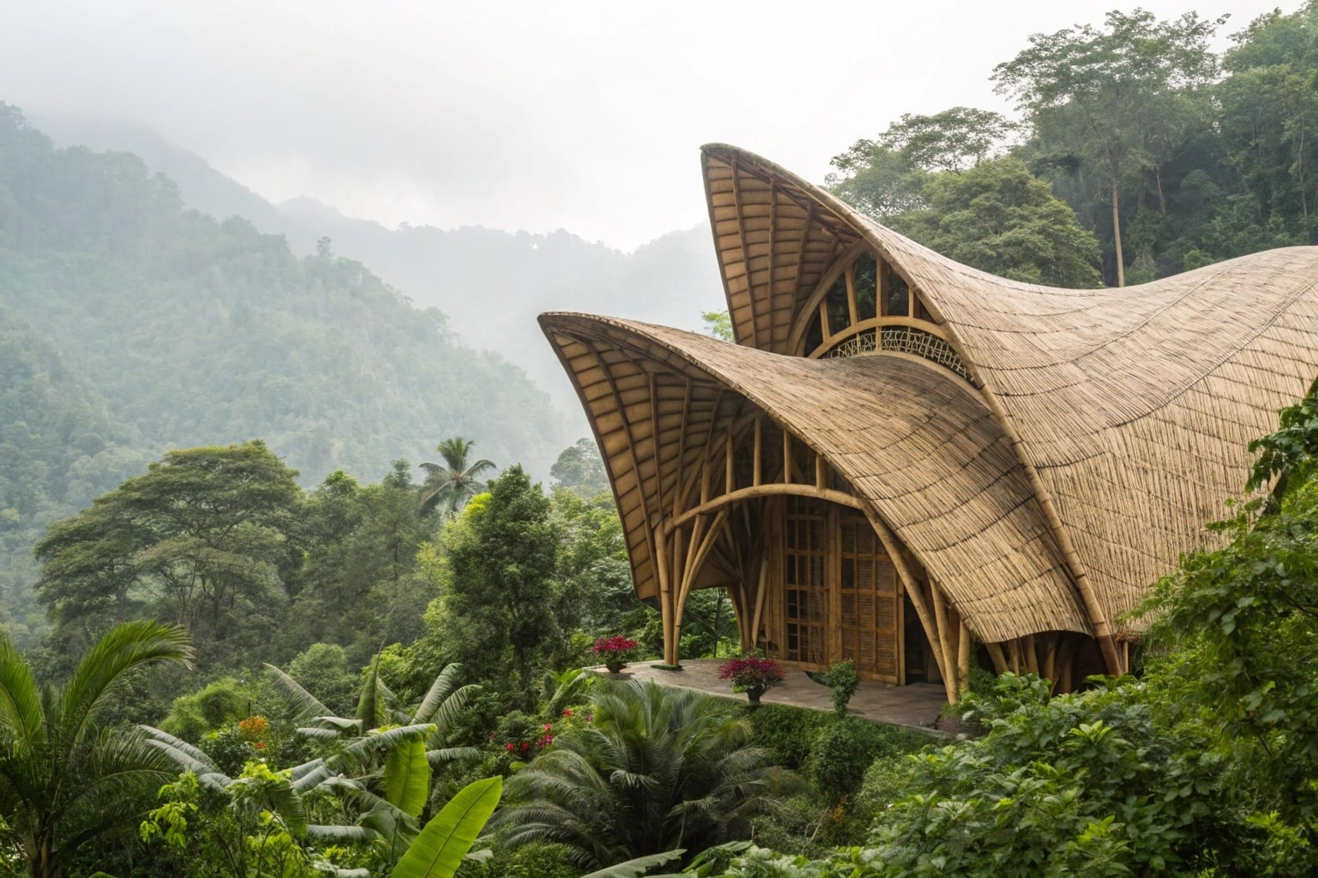 A curved bamboo roof rising from the canopy on a misty morning.