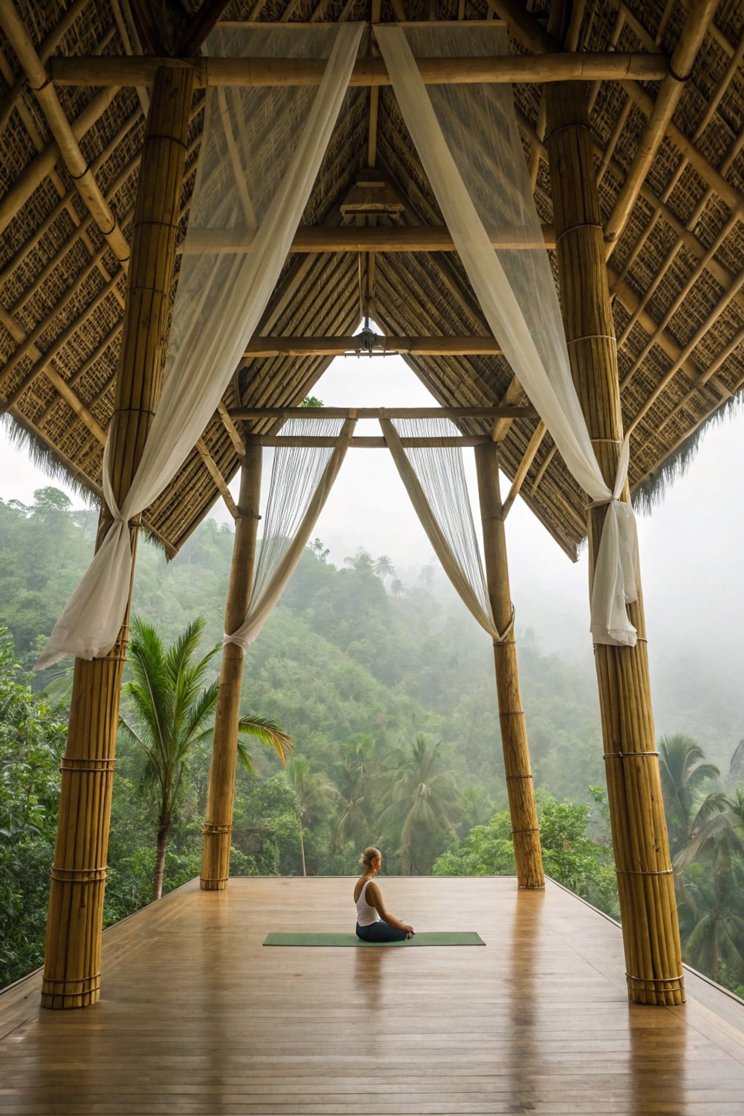 A single guest in stillness at the front of a bamboo pavilion in morning mist.