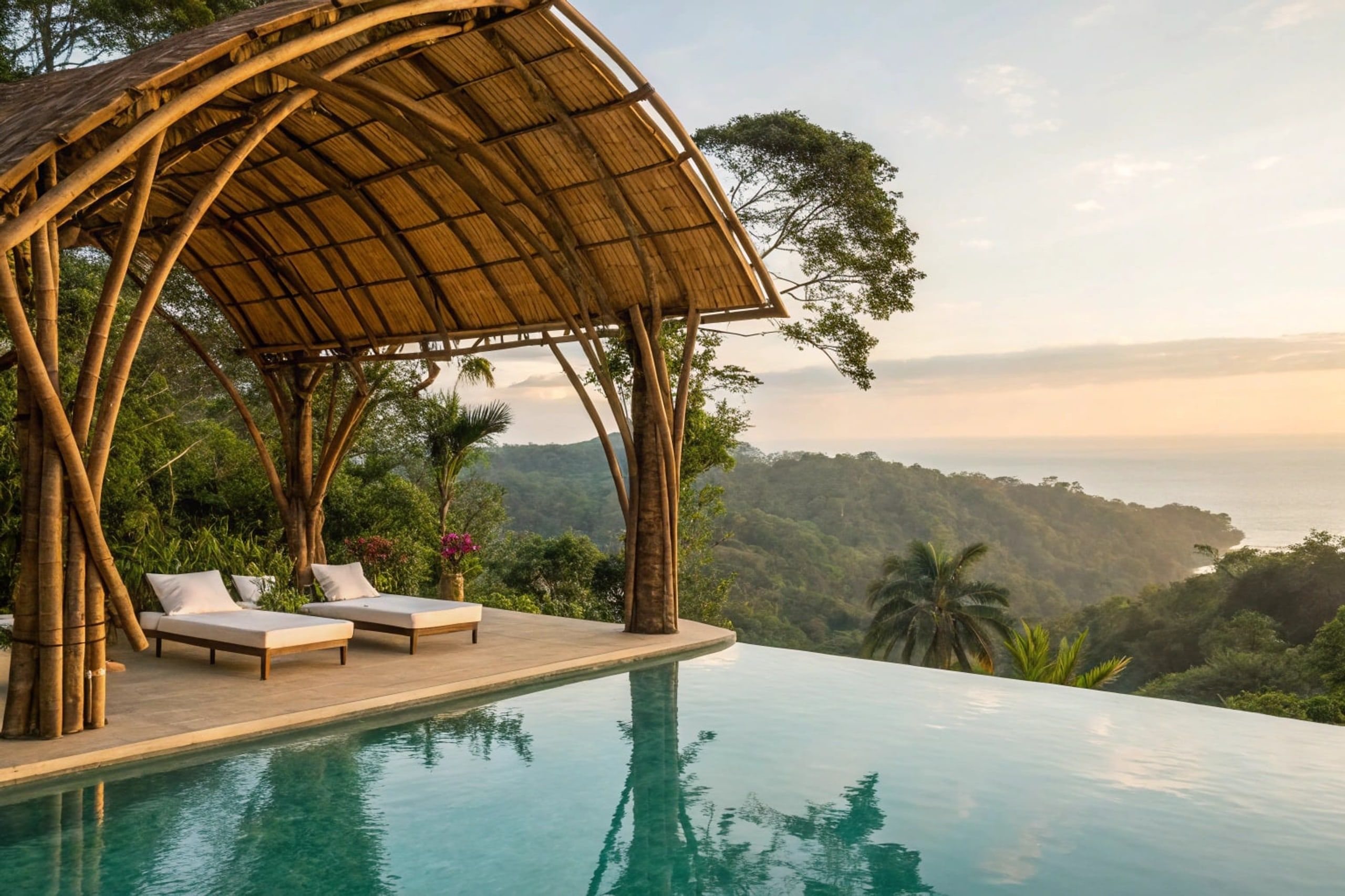 Pool deck with sun loungers under a bamboo arch, ocean in the distance.