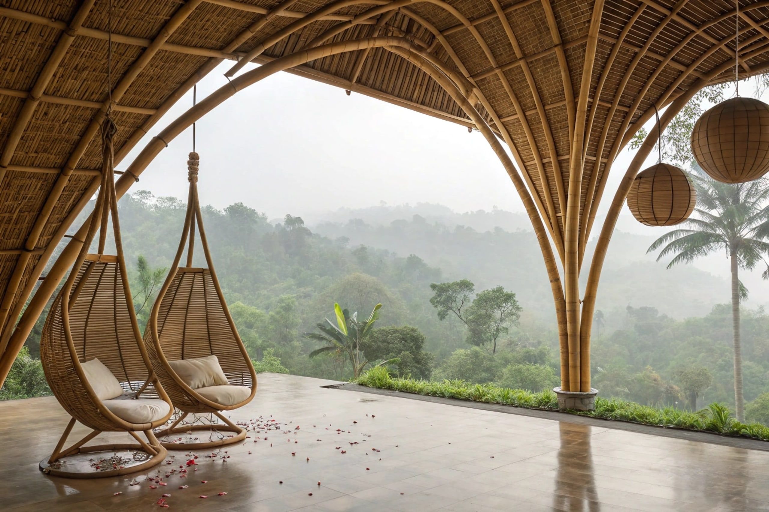 Open-air bamboo pavilion with rattan swing chairs over a polished concrete floor.