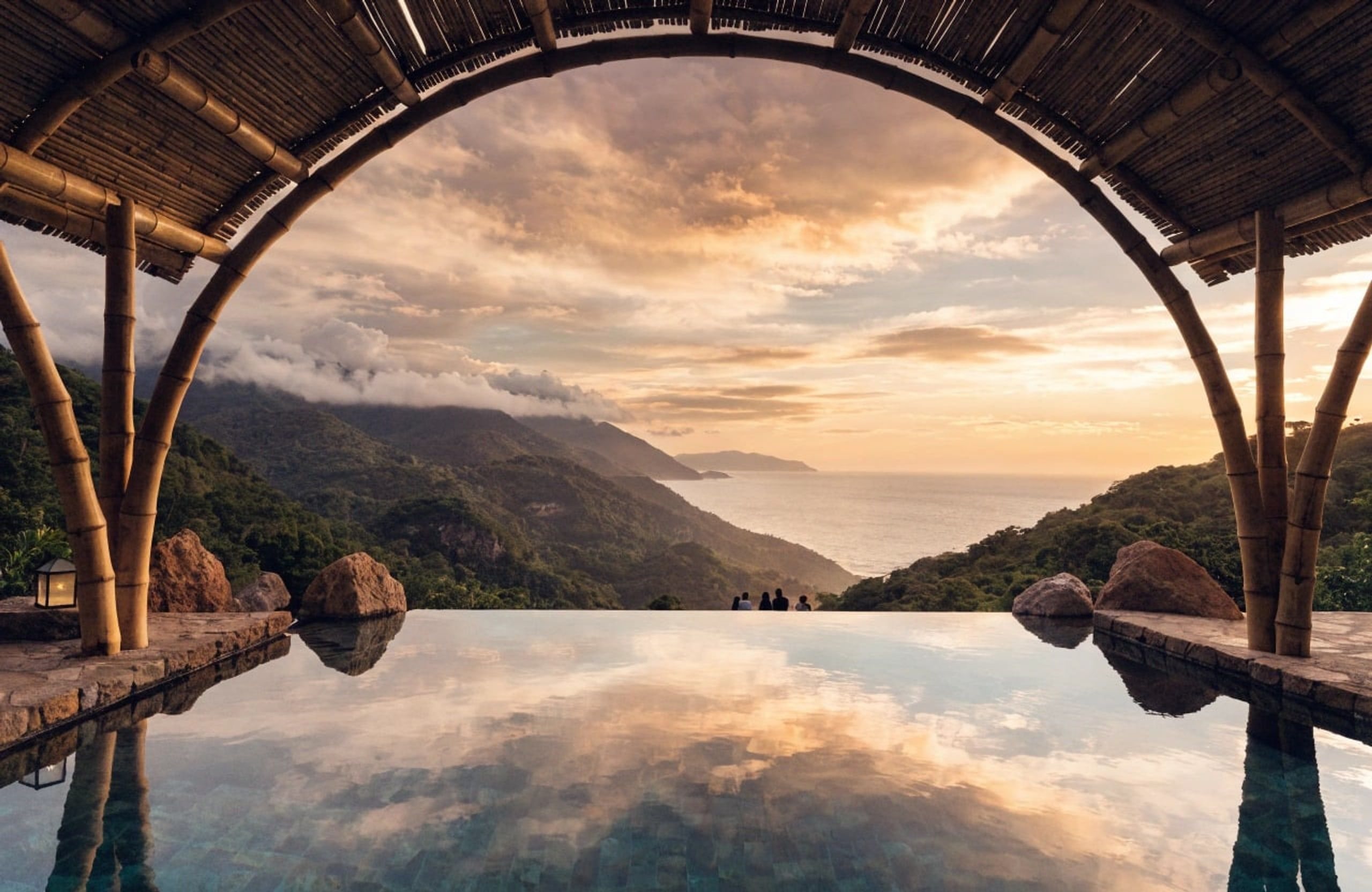 Infinity pool framed by a bamboo arch at golden hour.