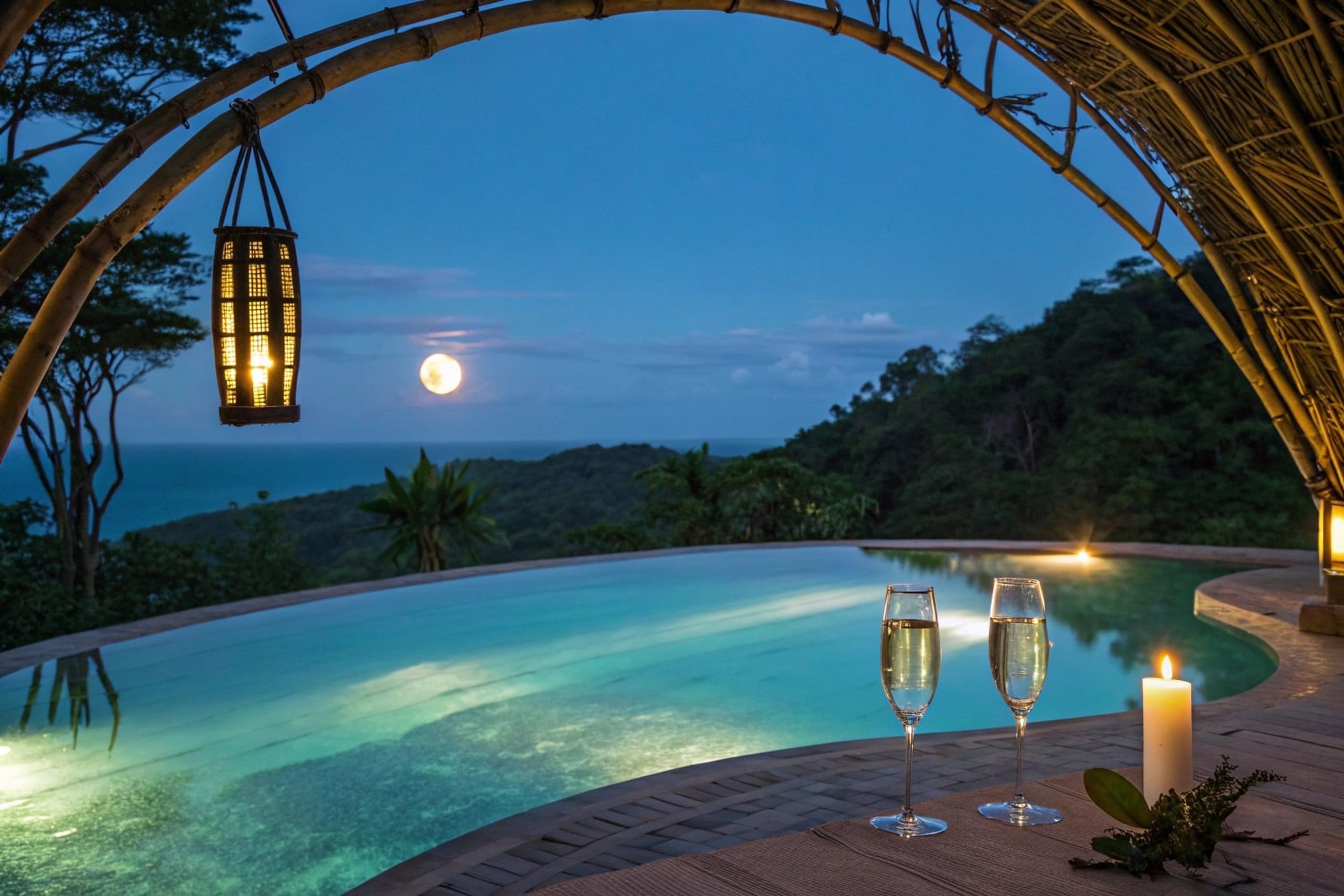 Moonlit infinity pool with two champagne flutes and a candle on a wooden deck.