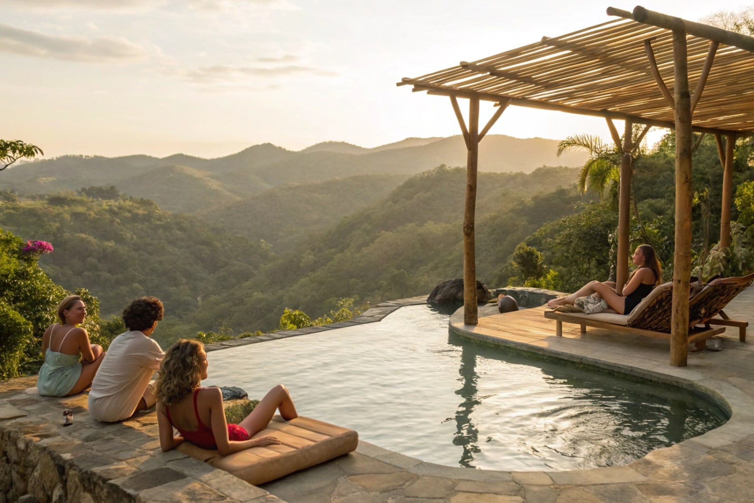 Friends relaxing on stone steps and loungers around an infinity pool at sunset.