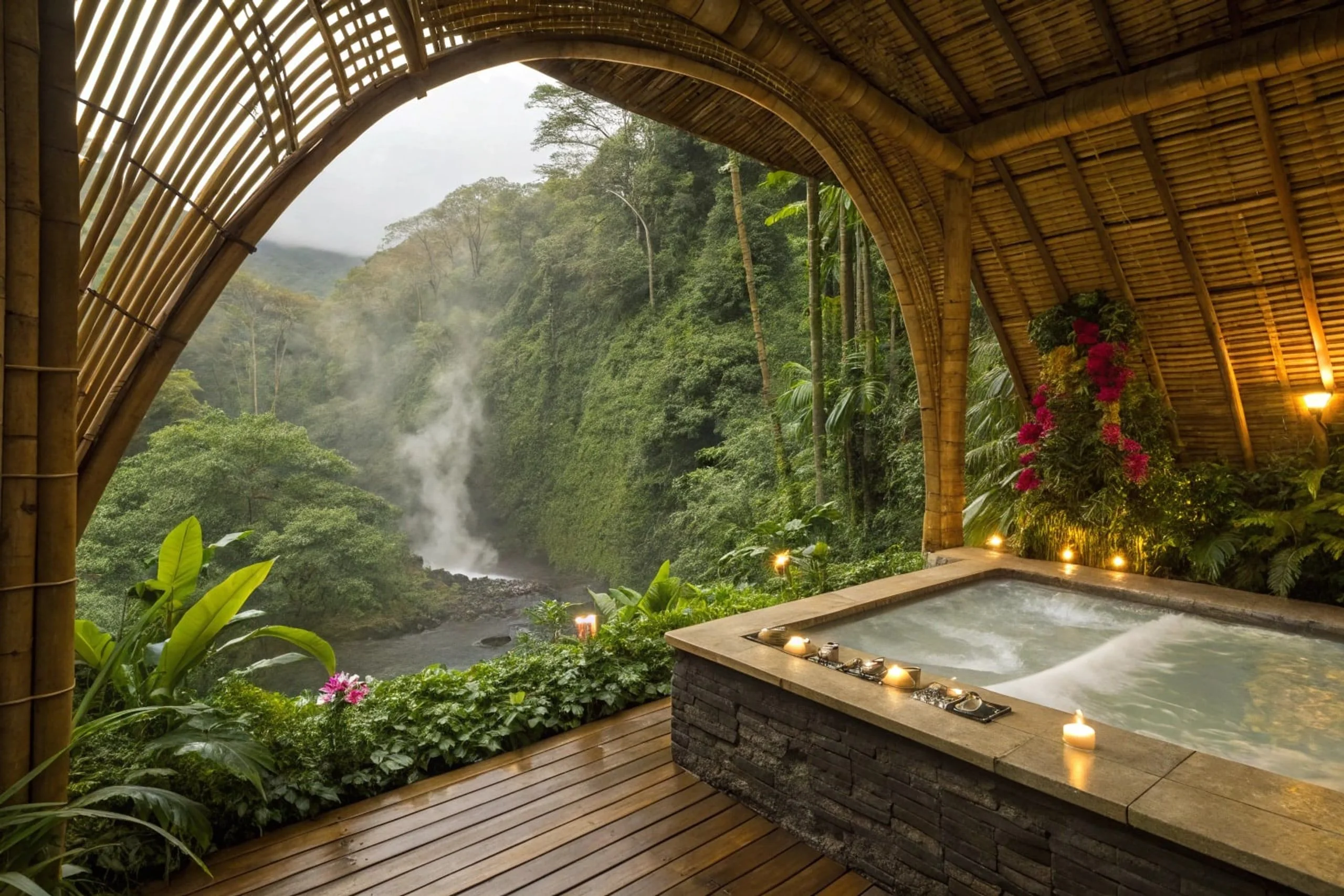 Outdoor cedar jacuzzi with candles and a misty waterfall.