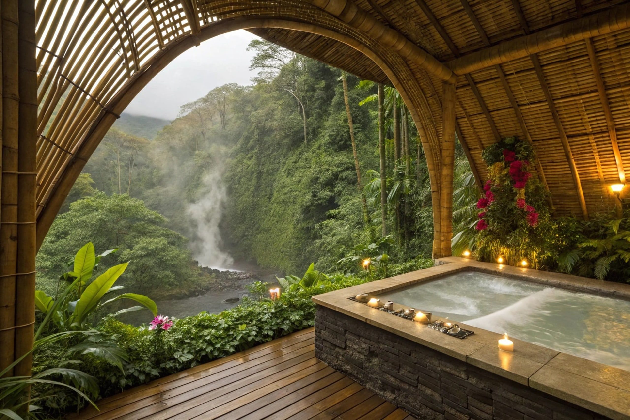 An outdoor cedar jacuzzi with candles and a misty waterfall beyond.