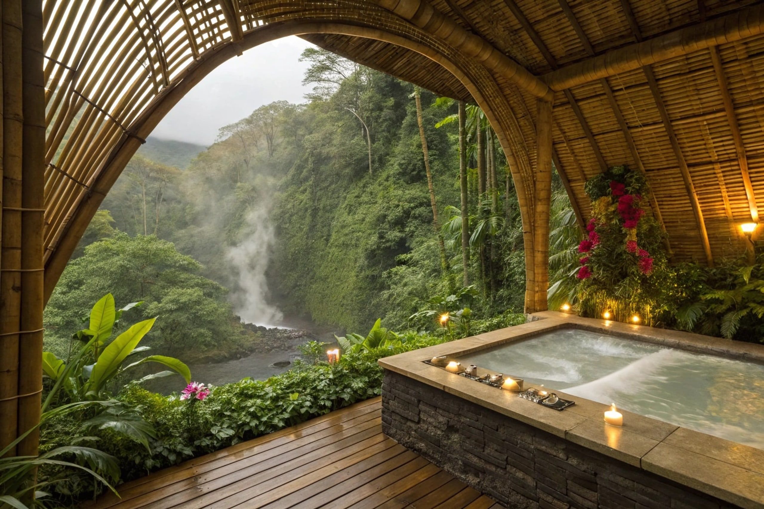 Outdoor cedar jacuzzi with candles and a misty waterfall.