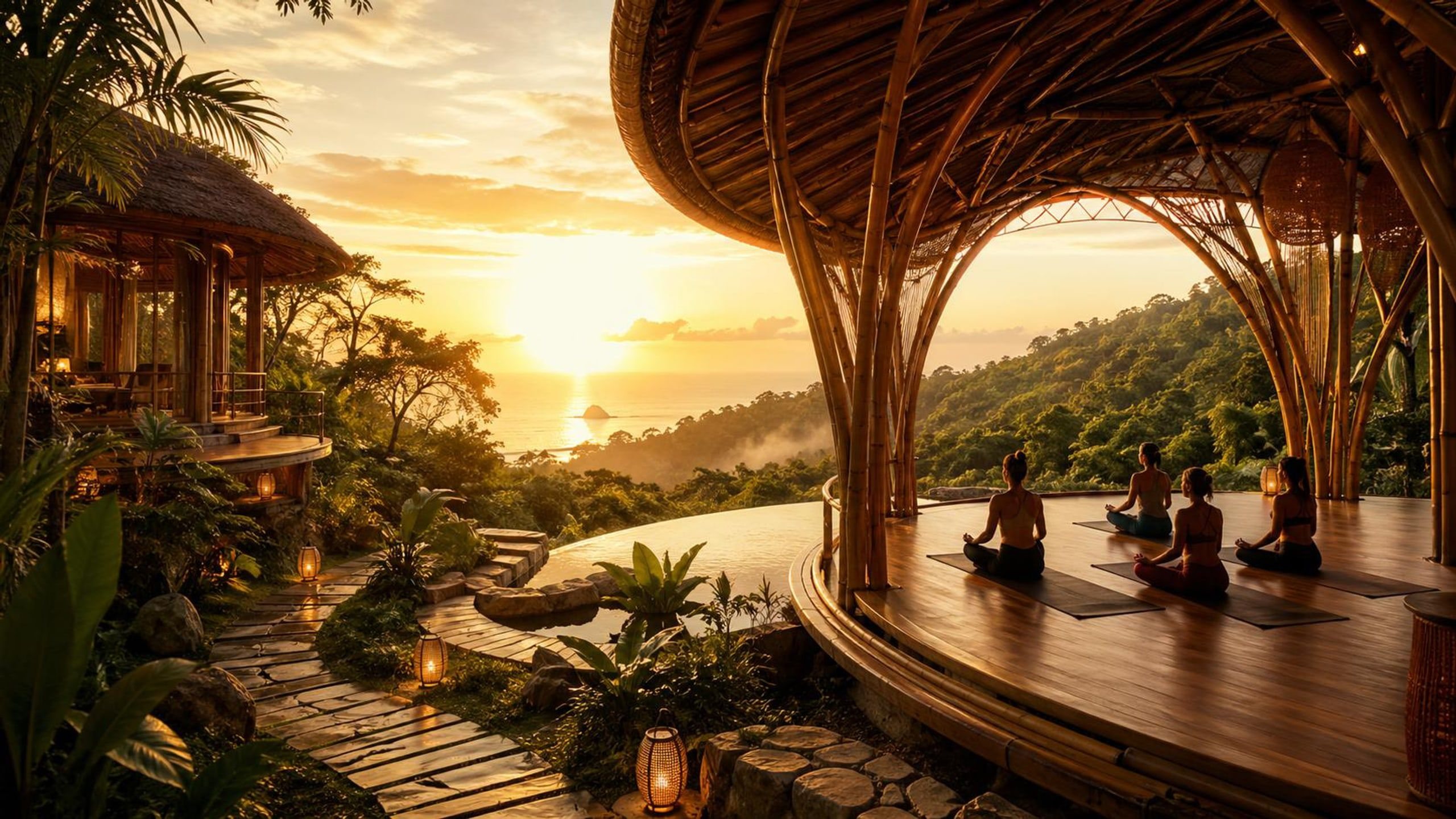 Sunset yoga session in the open bamboo pavilion overlooking the Pacific.